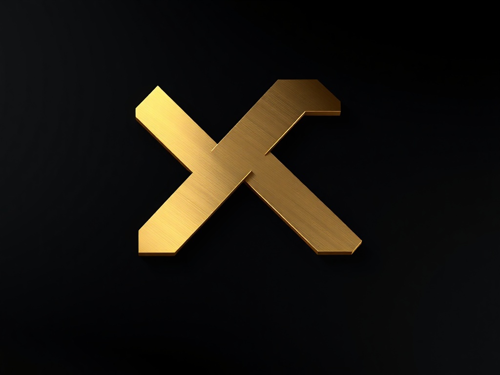 Minimalist geometric icon: a stylized infinity symbol or arrow, rendered in brushed gold on dark background, subtle reflections. 8k, photorealistic.